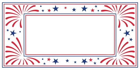 Patriotic USA frame with fireworks and stars. 4th of July vector border for labels, invitations, or banners.