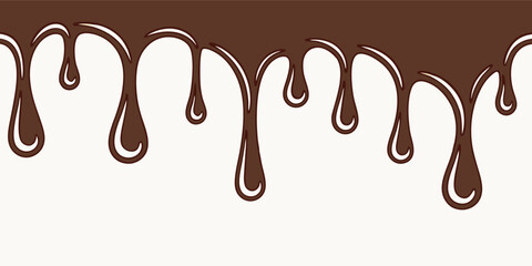 Seamless dripping chocolate border. Melted sweet liquid sauce or syrup. Vector pattern for dessert backgrounds or packaging design.
