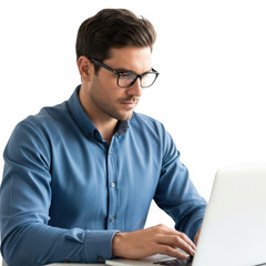 Man using laptop wearing glasses isolated on transparent background