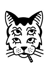 Quirky cat illustration with multiple eyes and a cigarette. Unique, edgy style