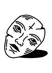 Abstract cracked face mask with mysterious marks. Expressive, conceptual art