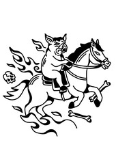 Humorous illustration: winged pig riding a horse through a fiery scene. Unique