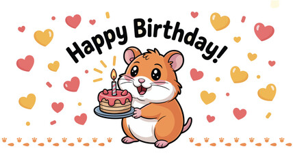 Cartoon hamster holding a birthday cake with happy birthday text and heart and paw print background