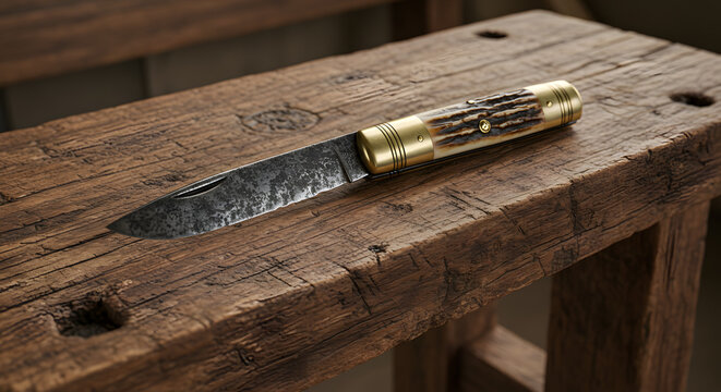 Pocket knife on rustic workbench
