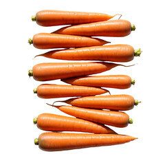 A vertical arrangement of fresh carrots stacked neatly together in a close up view from directly above on transparent background