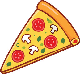 Cartoon illustration of a delicious pizza slice with pepperoni, mushrooms, and tomato toppings.