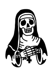 Side profile of a man with a skull face, graphic art