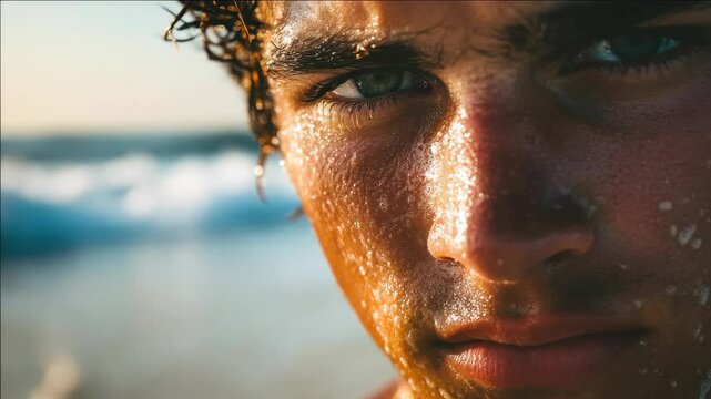Young man with short hair and facial stubble. He is wearing a wristband, looking at the camera with determined eyes while standing on sandy beach near ocean.
