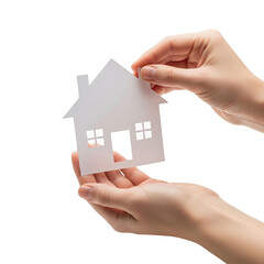 Hands holding a white paper cutout of a house with windows and a door on a plain setting on transparent background