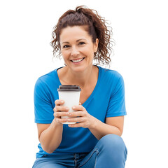 Smiling woman in blue shirt holding a disposable coffee cup with a brown lid in both hands on transparent background