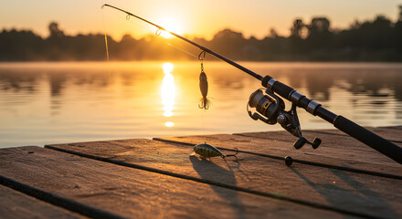 Fishing rod on serene lakeside dock