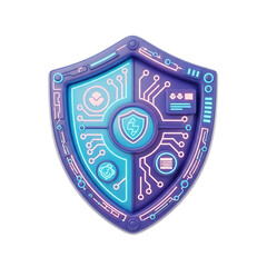Stylized shield with digital elements and glowing lines in shades of blue and purple tones on transparent background