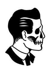 Half skull, half man portrait. Mortality concept