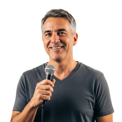 Man smiling holding a microphone wearing a gray shirt looking at the viewer with gray hair on transparent background