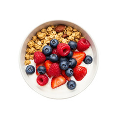 Aerial view of breakfast bowl with granola, yogurt, raspberries, blueberries, and strawberries on transparent background