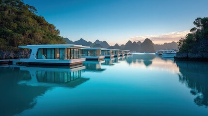 A floating real estate concept modern houseboats connected by glass bridges in a serene turquoise lagoon at dawn