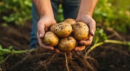holding in hands the harvest of potatoes in the field.