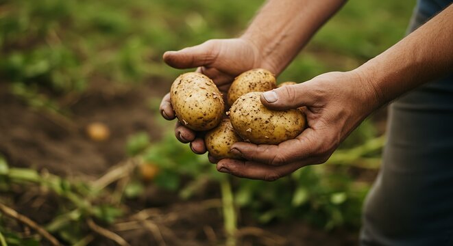 holding in hands the harvest of potatoes in the field.