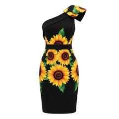 Elegant black dress with sunflower print isolated on transparent background