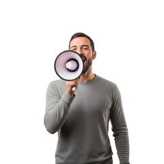 Man with beard holding megaphone near his mouth wearing a gray shirt shouting loud message out on transparent background