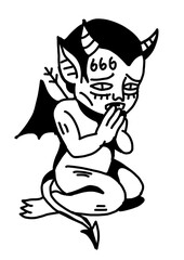 Praying demon with wings and horns, bold black and white art