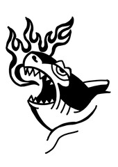 Roaring creature with flames, bold black and white illustration