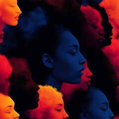 Vibrant digital artwork featuring numerous female profiles in profile view, rendered in shades of blue and orange