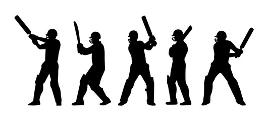 A black and white, sequential image depicting the various phases of a cricket batting action vector set.