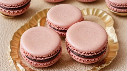 Obraz premium Close-Up of Pink Macarons on Golden Plate