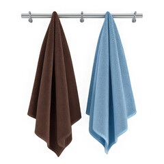Brown and blue towels hanging on a silver rack against a white background view