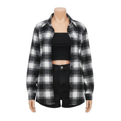 Woman wearing flannel shirt and shorts isolated on transparent background