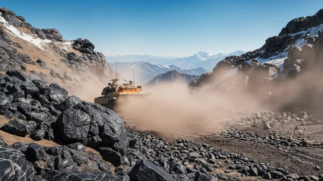 An armored military vehicle on a rocky, coastal terrain.