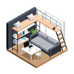 Contemporary loft bed studio apartment featuring bedroom interior vector art design  © nazmulmallik44