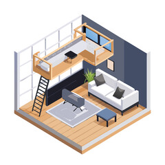 Contemporary loft bed studio apartment featuring bedroom interior vector art design  © nazmulmallik44