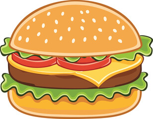 A vibrant cartoon illustration of a delicious, layered hamburger with fresh ingredients.