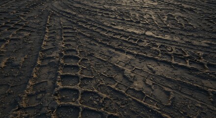 Deep tire tracks etched into dark textured muddy ground with visible debris and shadows