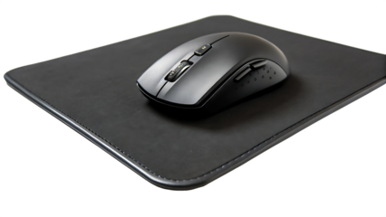 Black computer mouse on pad isolated on a white background PNG. AI GENERATED.