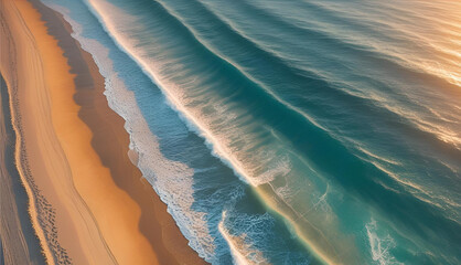 An aerial view of beautiful turquoise ocean waves breaking on a sandy beach