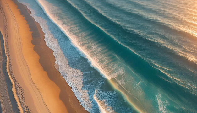 An aerial view of beautiful turquoise ocean waves breaking on a sandy beach - Powered by Adobe