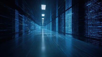Explore a futuristic corridor illuminated by vibrant blue binary sequences depicting the dynamic energy of data transmission ideal for visual storytelling in technology cybersecurity