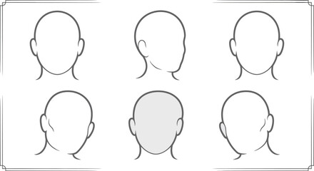 Illustration of six faceless head outlines in different angles on a framed light gray background