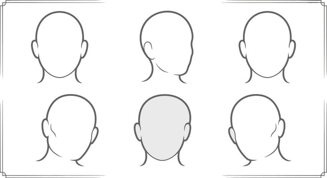 Illustration of six faceless head outlines in different angles on a framed light gray background