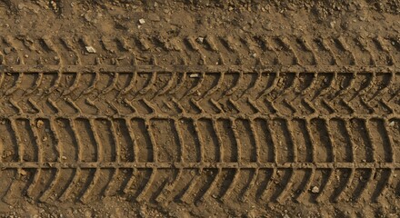 Detailed impression of a vehicle tire tread in dry textured brown earth with distinct patterns and shadows