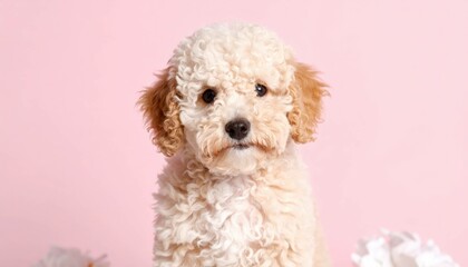 Adorable Baby Puli Puppies with Curly Coats on Pink Background, Generated image