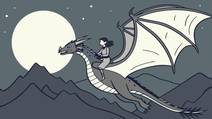 Dragon rider fantasy art: woman riding dragon in night sky over mountains digital illustration