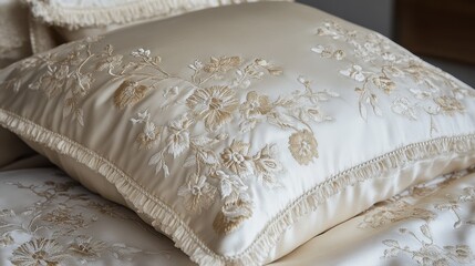 Ornate cream silk pillowcases with delicate gold embroidery.