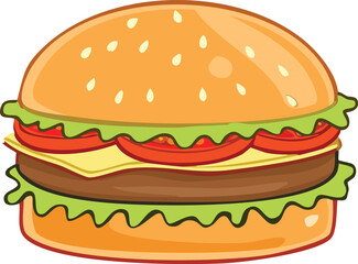 Cartoon illustration of a delicious burger with lettuce, tomato, cheese, and a sesame seed bun.