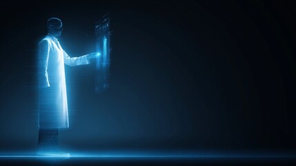 Fototapeta premium A Futuristic Scientist in a Blue Hologram. A scientist in a lab coat interacts with a futuristic holographic display, projecting a sense of technological advancement