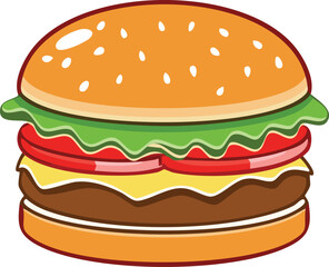 Cartoon illustration of a juicy hamburger with sesame seeds, lettuce, tomato, and cheese.