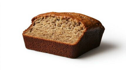 A very realistic looking image of a single slice of banana bread, isolated on a plain white background. Perfect for a breakfast bakery promotion.